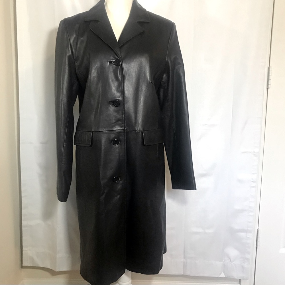 Ann Taylor black long leather button jacket L